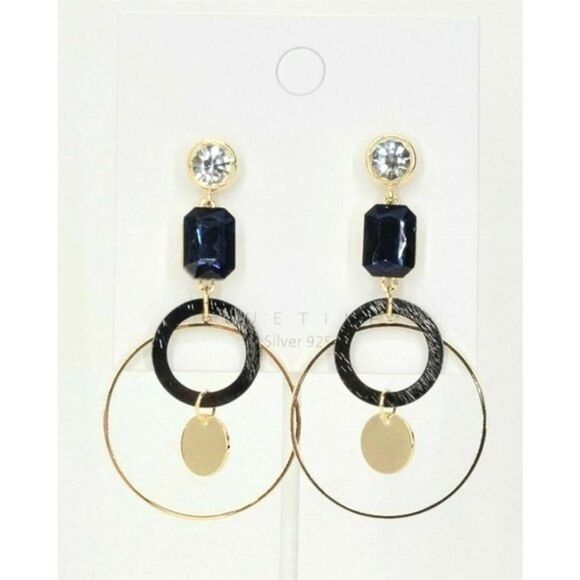 Dangle Earrings Blue & Clear Rhinestones Circles - Statement Earrings, 2.9" Drop - Picture 6 of 6